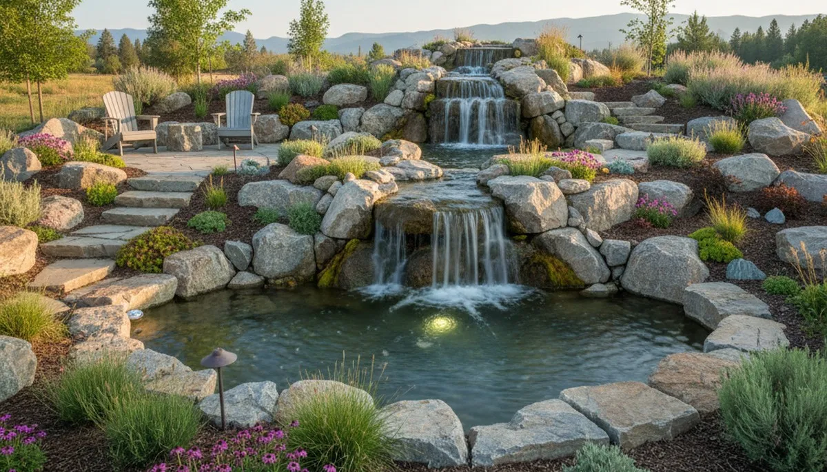 Resort-style backyard waterfall and rock garden landscaping in Loyalton, CA by Reno NV landscape experts