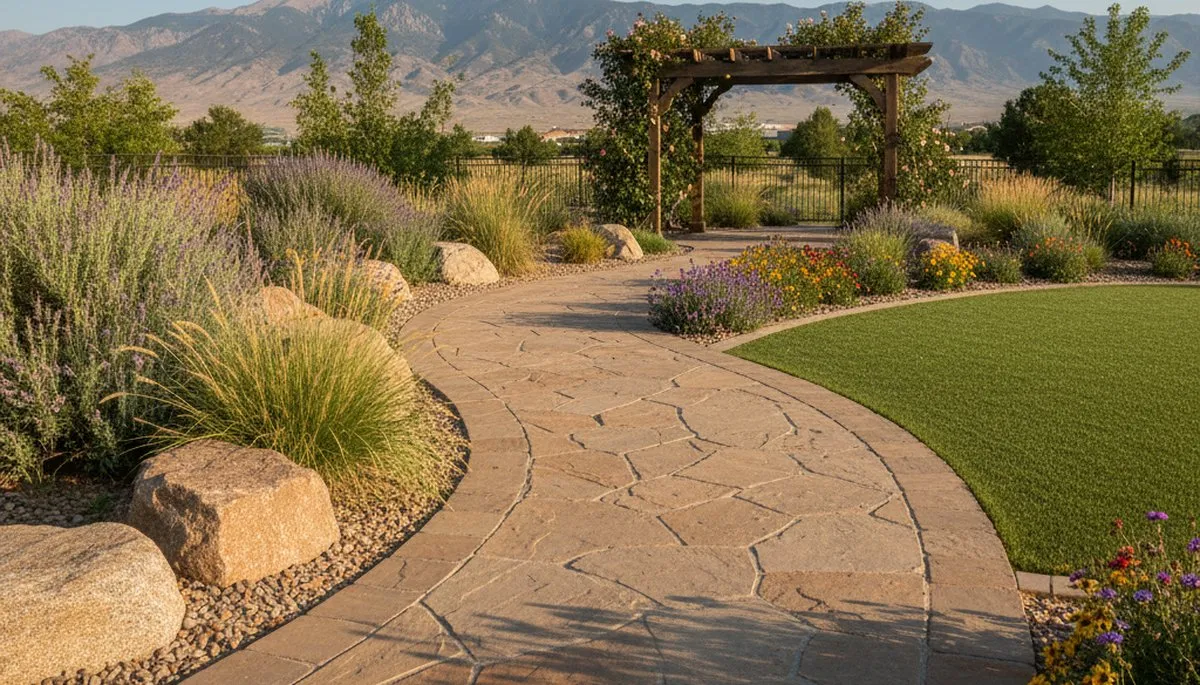 Curved stone paver walkway installed by professional landscapers in Reno, NV residential yard