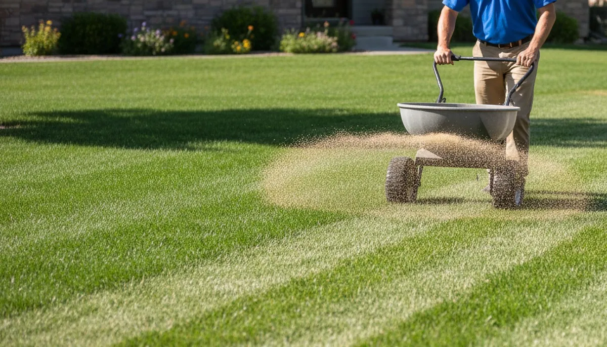 Professional applying lawn fertilizer with spreader in Reno, NV for expert lawn care and turf maintenance