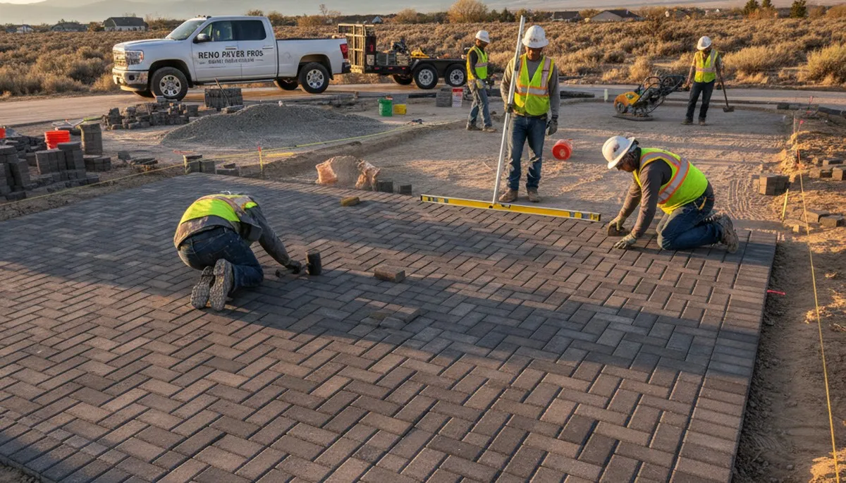 Crew installing driveway pavers in Reno, NV with base preparation and leveling for Chop Chop Landscaping
