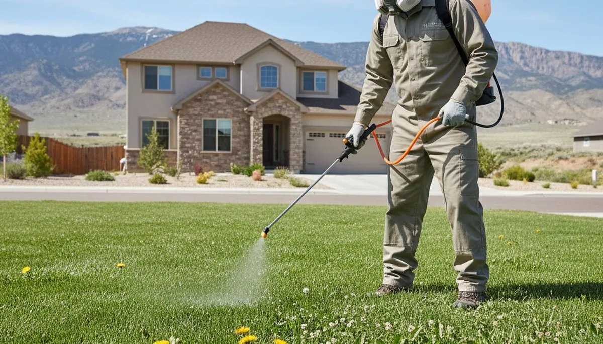 Technician applying targeted weed control on Reno NV lawn with sprayer for professional lawn care service